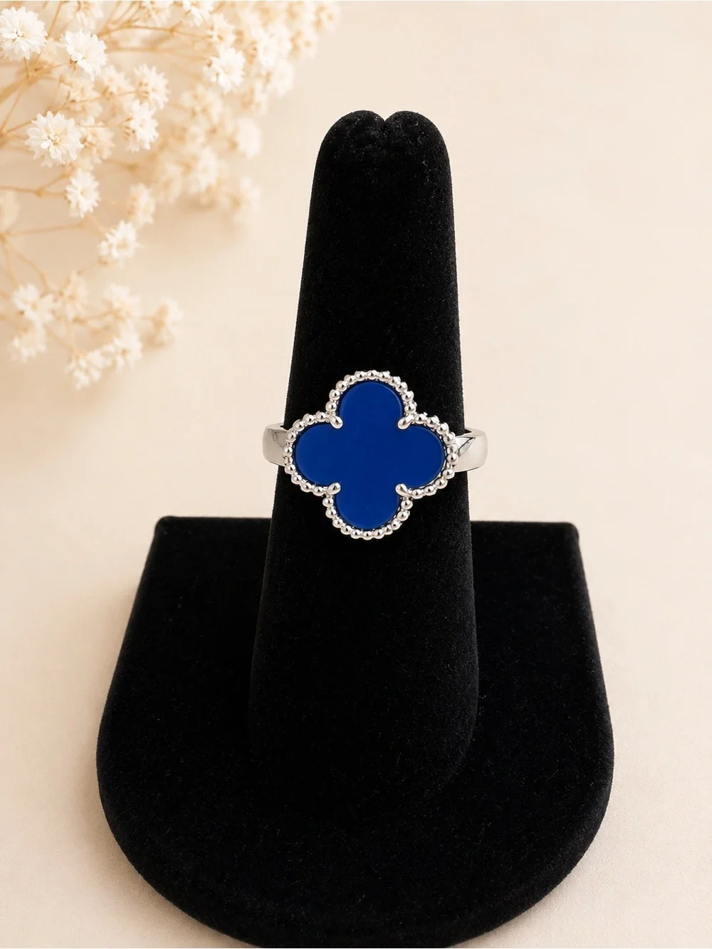 Silver & Royal Blue Clover Statement Ring | Size 8